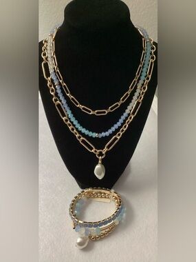 On 34th Gold Chain Layered Necklace & Bracelet Set with Blue Beads & Pearl Charm
